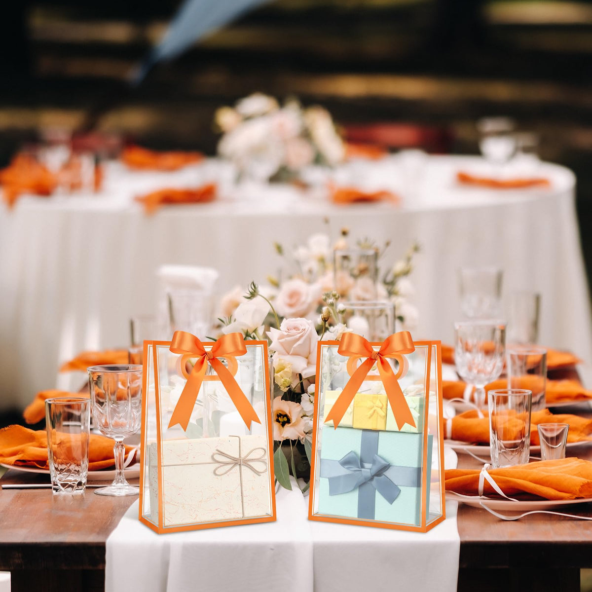 Aliceset 12 Pcs Clear Plastic Gift Bag with Die Cut Handles Reusable PP Favor Bag with Ribbon for Wedding Bridal Birthday Baby Shower Party Small Business, 7x10x3.15 Inch(Orange)