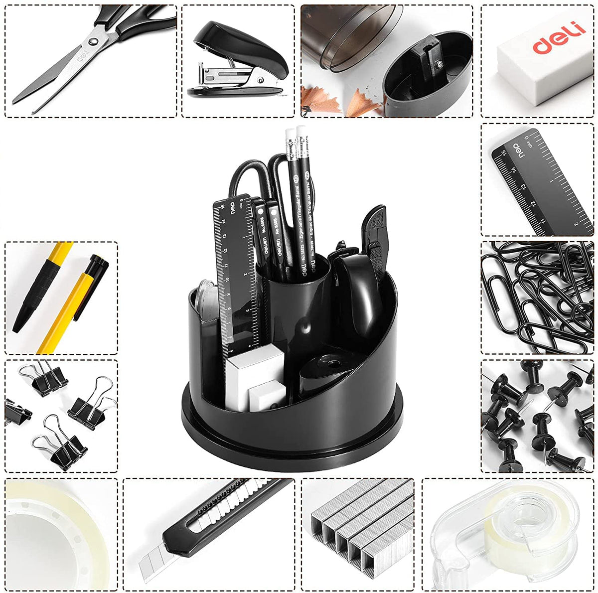 Deli 15 Pcs Office Supplies Kit with Desk Organizer, Desk Accessories Set with Staple, Sharpener, Scissors, Binder Clips