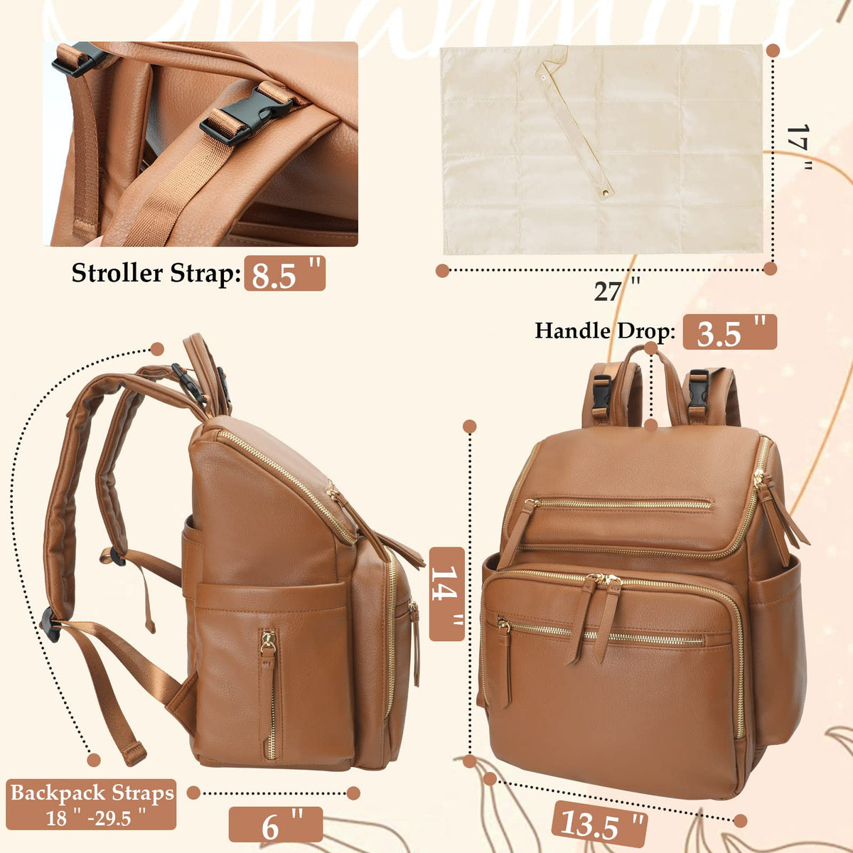 Omanmoli Diaper Bag Backpack Large Baby Diaper Bag Leather with 17 Diaper Bag Organizing Pouches,Changing Pad,Stroller Straps,4 Insulated Pockets,Brown