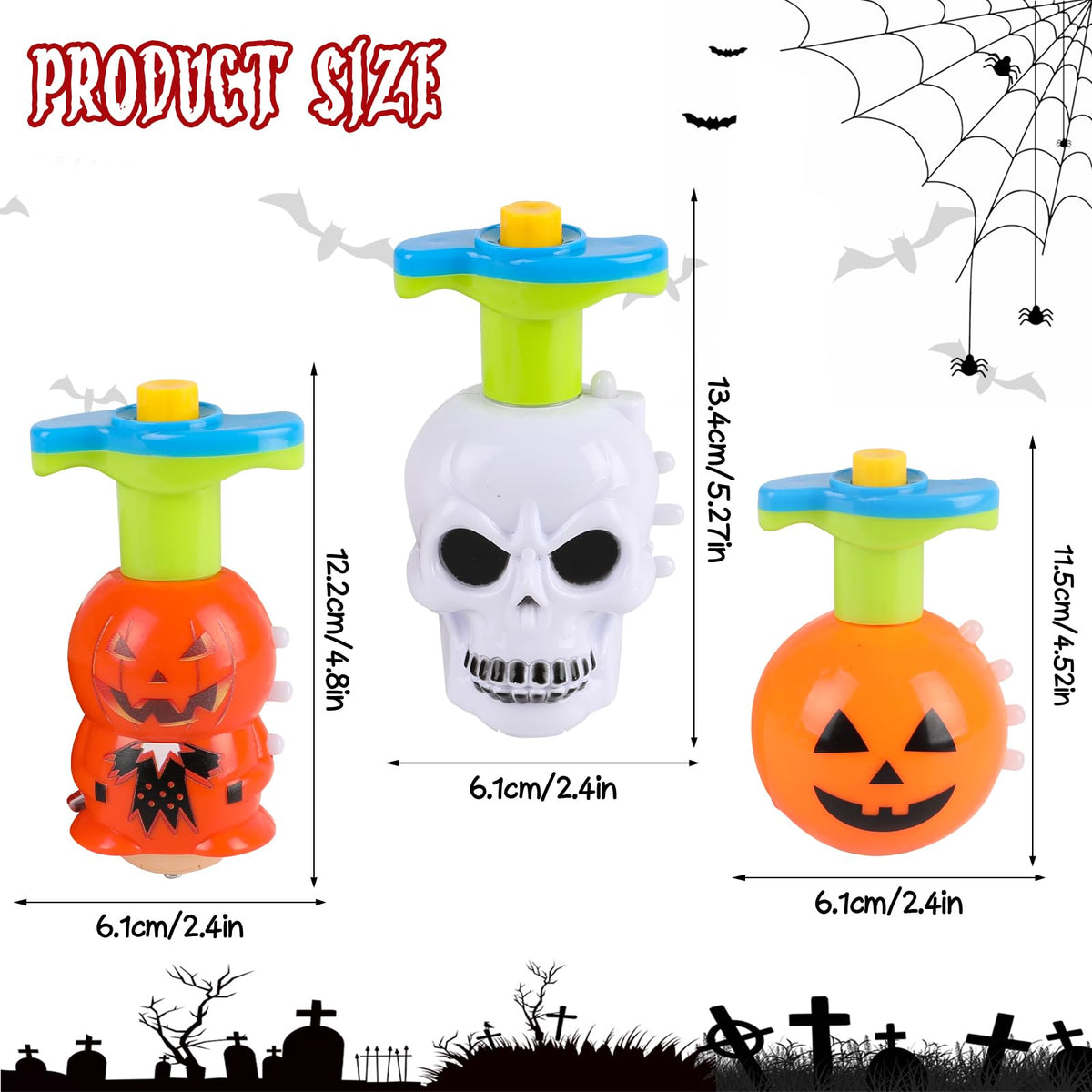 DERAYEE Halloween Basket Stuffers for Kids, 3PCS LED Pumpkin Skull Light Up Spinning Tops Halloween Spinning Toys Gifts for Halloween Party Favors Goodie Bag Fillers Classroom Rewards