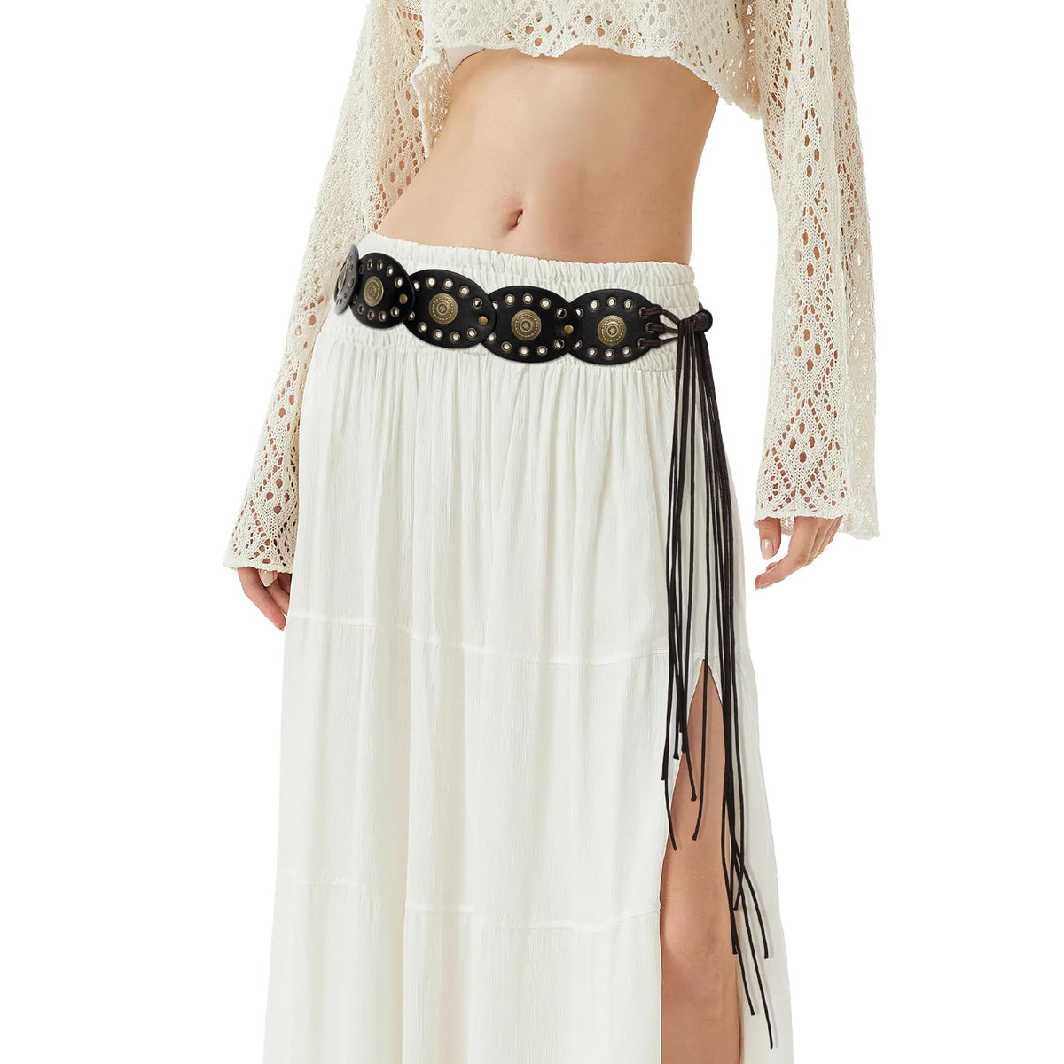 XZQTIVE Women's Boho Disc Belt Concho Western Cowgirl Cowboy Belt for Ladies Wide Vintage Leather Waist Belt for Dress