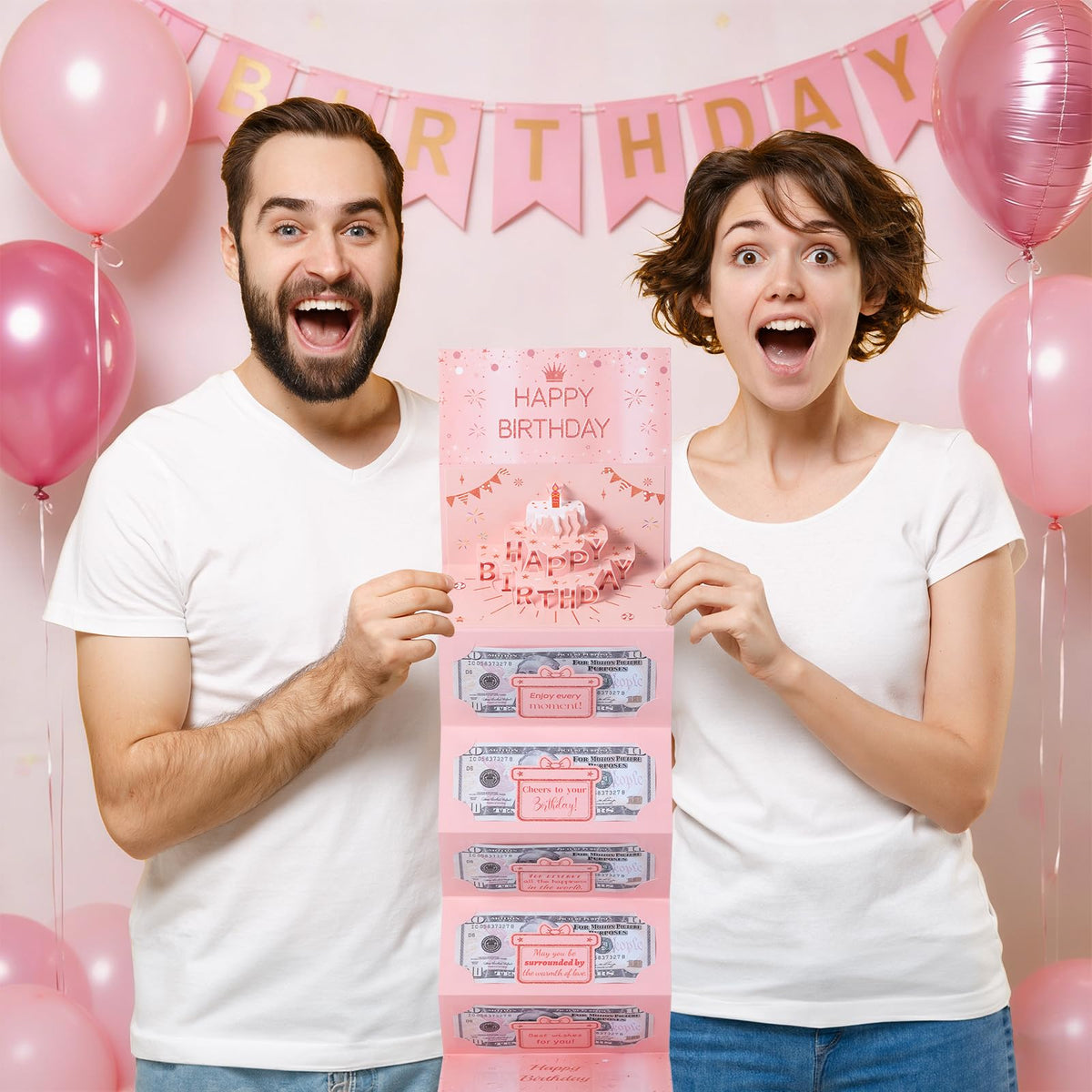 HOMANGA Birthday Money Envelope for Cash Gifts, Birthday Money Holder with 3D Cake, Birthdays Cash Gift for Men Women Girls Boys (Pink)