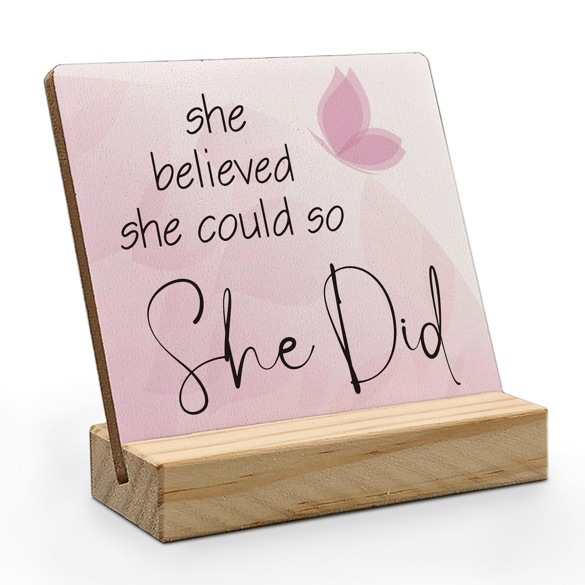 ANIANG Inspirational Desk Decor, Motivational Quote Wood Plaque, Inspirational Positive Gifts for Women,Pink She Believed She Could So She Did Wooden Plaque Sign with Wood Stand for Home Office Decor