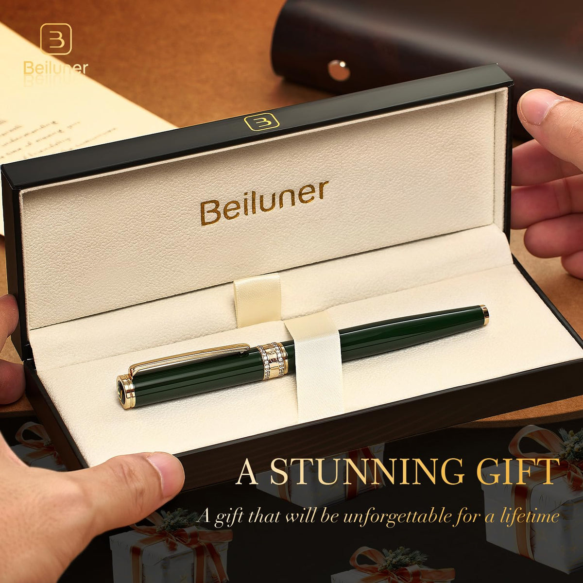 BEILUNER Green Lacquer Rollerball Pen, Diamond-Studded Cap Design, 24K Gold Trim, Noble and Elegant, Schneider Ink Refill, Best Pen Gift Set for Women & Men, Professional, Business Office, Nice Pens