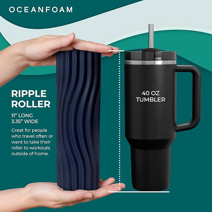 Oceanfoam Ripple Travel Foam Roller (11" x 3.35") Firm Mini Foam Roller for Physical Therapy, Deep Tissue Massage, Back Pain, High Density, Ergonomic Wave Textured, Yoga, Pilates, Exercise (Dark Navy)
