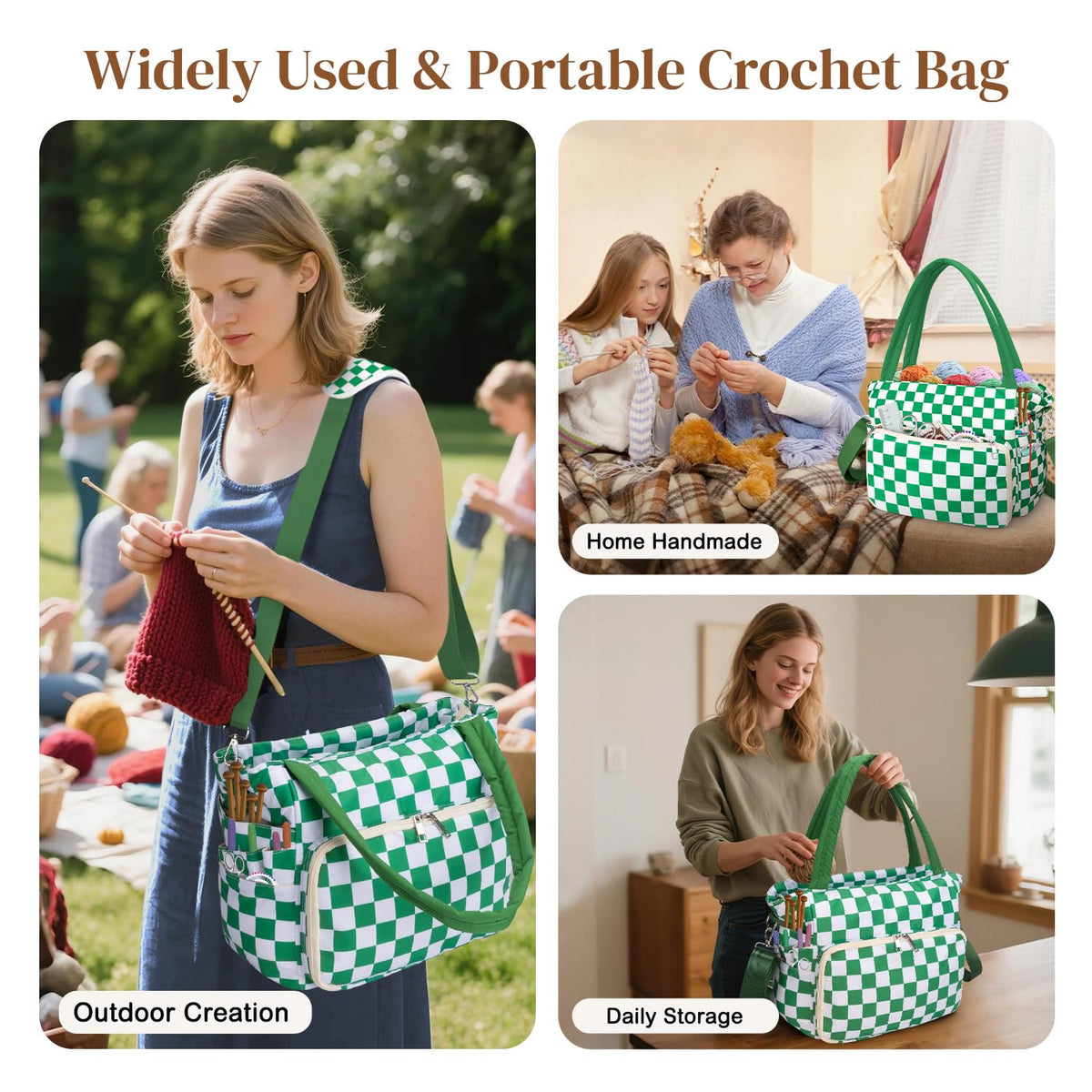 DALINDA Crochet Bag and Tote - Yarn Bag Crochet Storage Bag for Crochet Supplies,Crochet Accessories, Knitting Bag for Crochet Lovers, Ideal Crochet Gifts (Green Plaid)