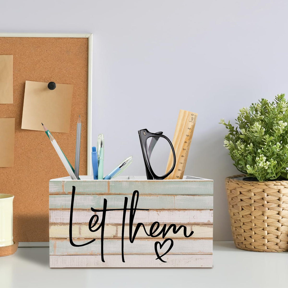 METNBASYY Rustic Let Them Inspirational Pen Holder for Desk, Motivational Gifts Pencil Organizer, Mental Health Psychology Gifts Wooden Box Sign Desk Decor for Home Office Decoration