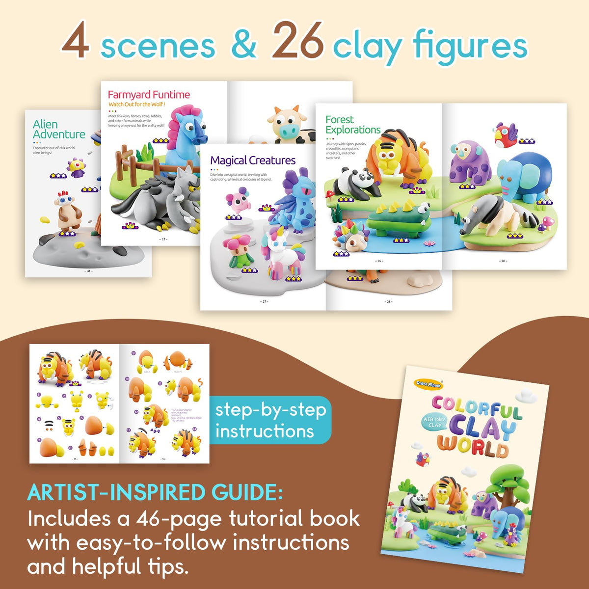 Drama Planet Air Dry Clay Kit for Kids - Comes with Instructional Guide Featuring 4 Scenes & 26 Projects Tutorials, 18 Cans of Modeling Clay, Includes Display Stand, Gift for Girls and Boys