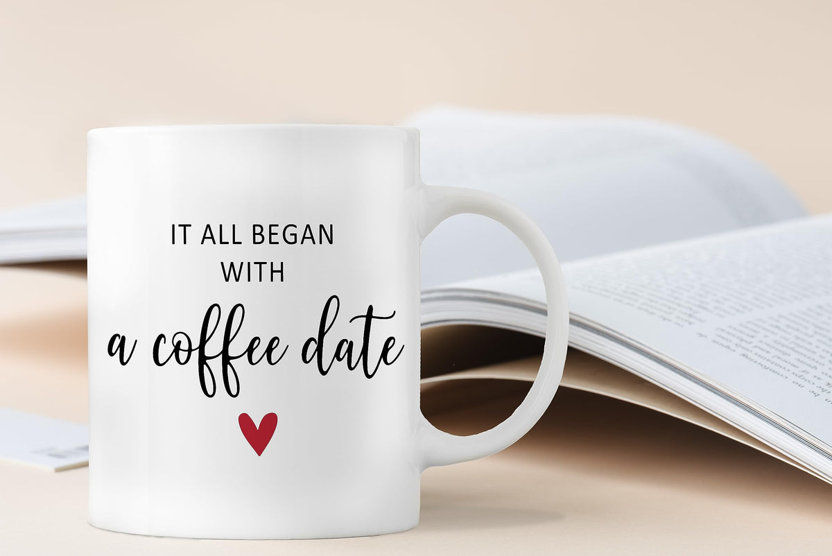 QASHWEY Valentines Day Coffee Mug, Girlfriend Gifts, Couple Gifts, Romantic Gifts for Her Him, Fiance Gifts for Her, Wedding Gifts Coffee Cups Ceramic 11oz, It All Began With a Coffee Date Tea Cup