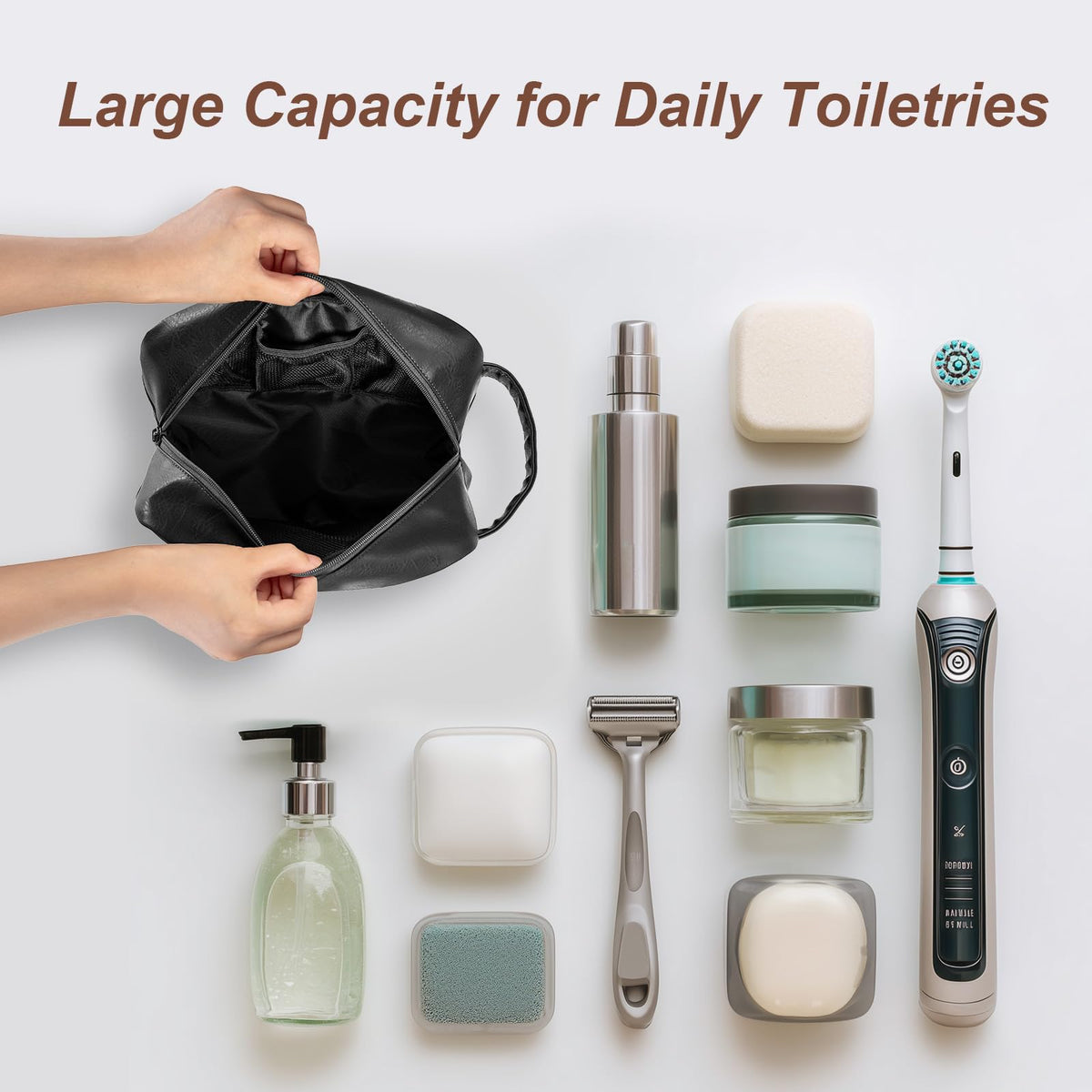 Ezday Travel Toiletry Bag for Men and Women, Travel Shaving Dopp Kit Water-resistant Bathroom Toiletries Organizer PU Leather Cosmetic Bags (Black)