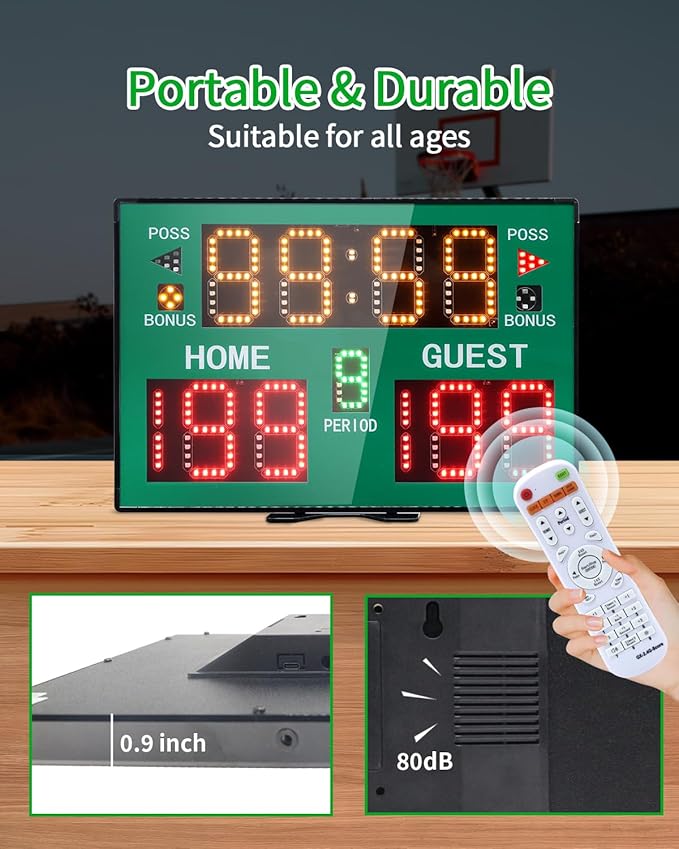 Basketball Digital Scoreboard with Remote,Battery Powered Portable Tabletop Electronic Scoreboard with 75dB Buzzer,Countdown Timer & Score for Games