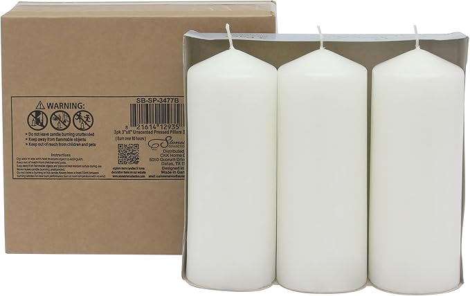 Stonebriar 3 Pack Tall 3 x 8 Inch 80 Hour Long Burning Unscented White Wax Pillar Candles