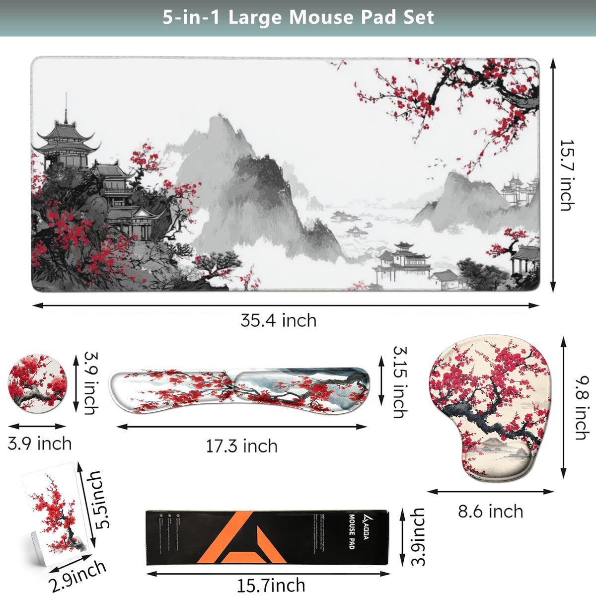 AQQA Japanese Desk Mat Set, Large Gaming Mouse Pad with Wrist Rest, Ergonomic Mouse Pad Keyboard Mat Wrist Support,Phone Holder,Cup Coaster,Home Office Desk Accessories Decor Supplies, Cherry Blossom