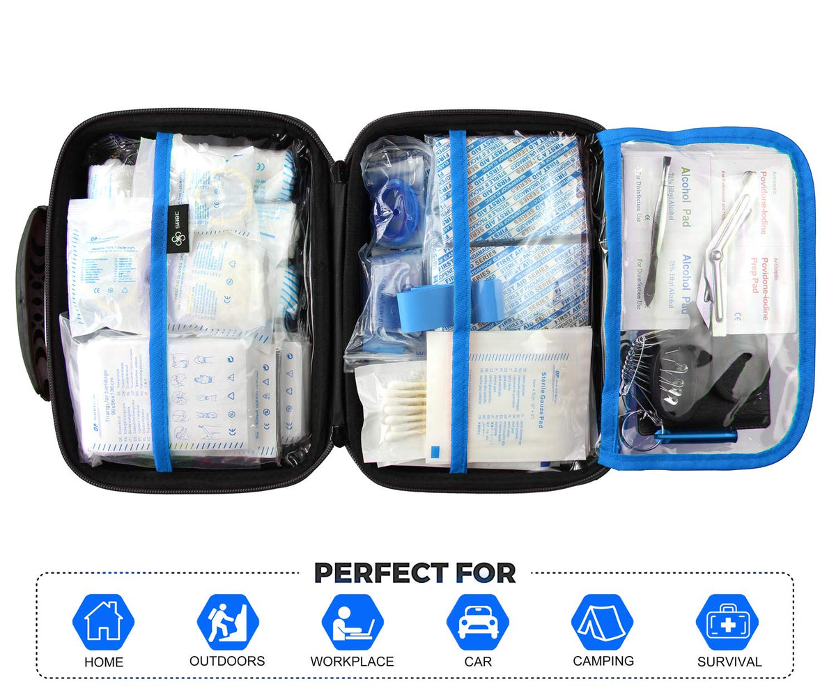 SHBC Waterproof First Aid Kit (228pcs) with All Basic or Advanced Supplies You Need. Suitable for Emergencies at Home or Outside, Travel, Home, Camping, Blue