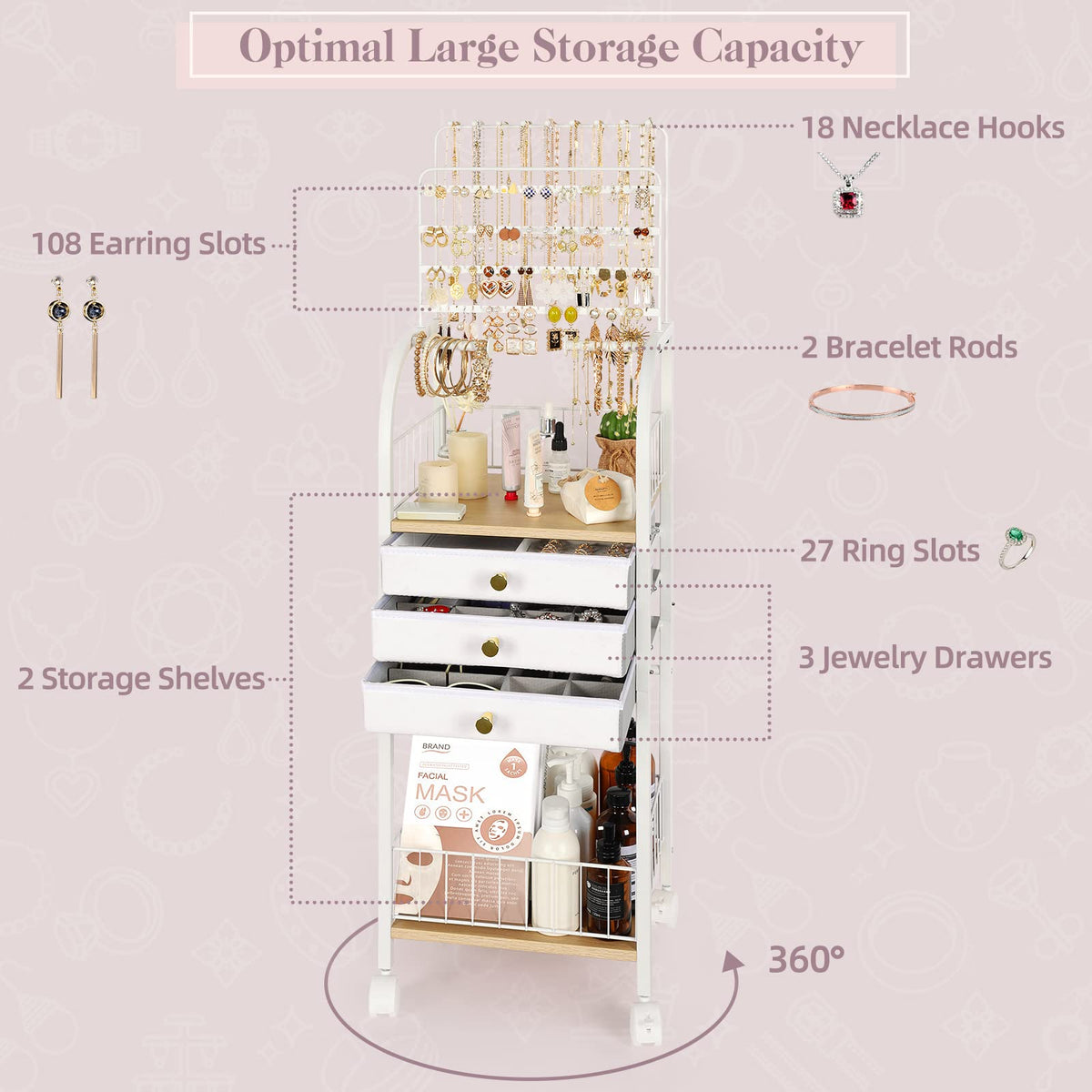 Keebofly Jewelry Organizer Stand with 3 Drawers, Large Necklace Holder & Earring Organizer Rack, Wooden Jewelry Tree Tower for Rings, Bracelets, Sunglasses and Skincare, Gift for Women, White