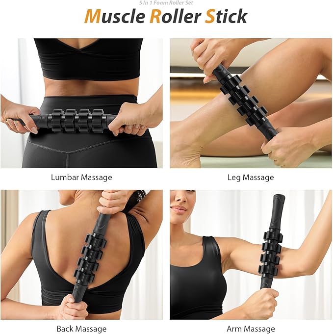 5 in 1 Foam Roller Set - Trigger Point Foam Back Roller, Muscle Roller Stick, Massage Ball, Stretching Band for Deep Muscle Massage Pilates Yoga,Fitness Exercise for Whole Body Release (Pure Black)