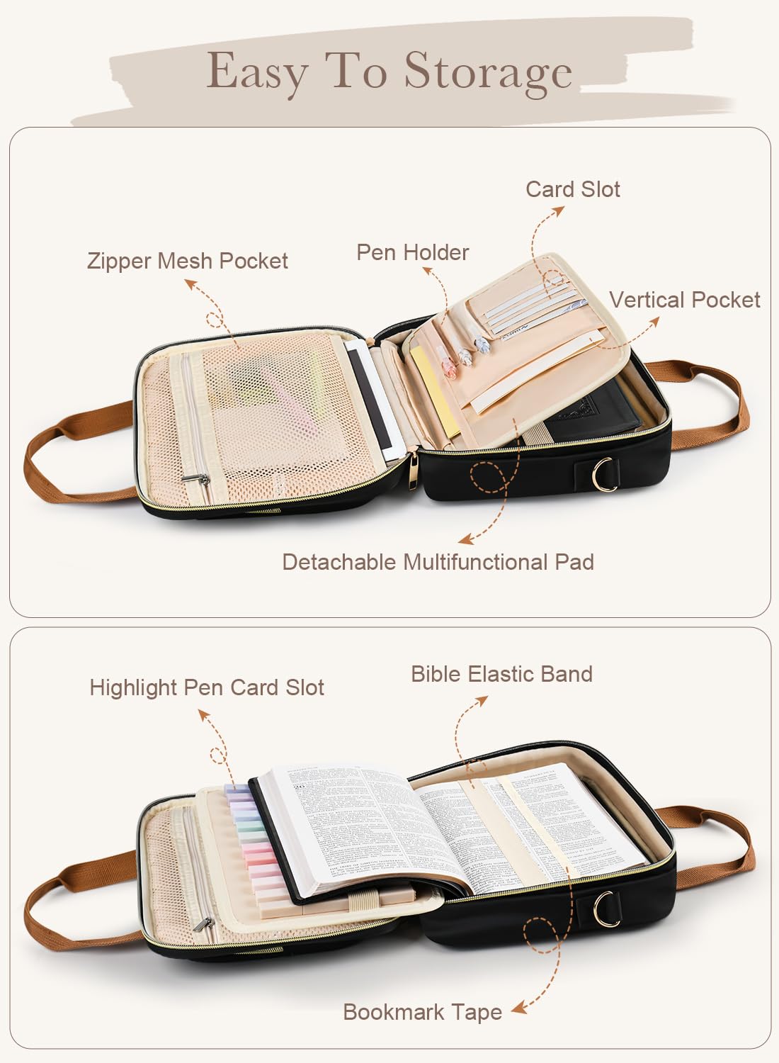 Large Bible Bags for Women, Bible Cover Case with Highlighters Tabs Quilted Book Travel Case w/Shoulder Strap, Bible Study Supplies Journaling Kit Accessories Christian Gifts for Women Girl