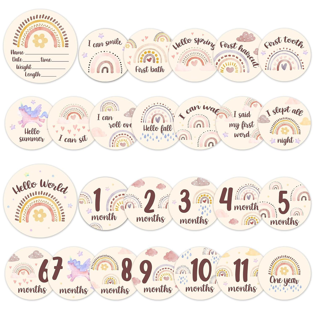Set(13pcs) Baby Monthly Milestone Cards Sign - Double Sided Wooden Milestone Cards with Rainbow Design, Wooden Circles