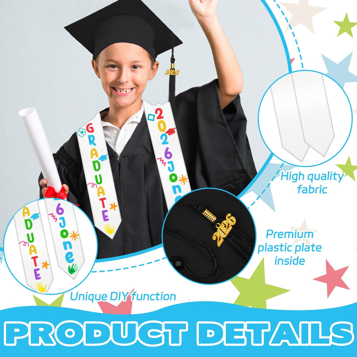 8 Pcs 2026 Preschool Kindergarten Graduation Cap Stole Iron on Decal Set Graduation Cap and Sash Blank Stole Graduation Gifts for DIY Crafts Kit