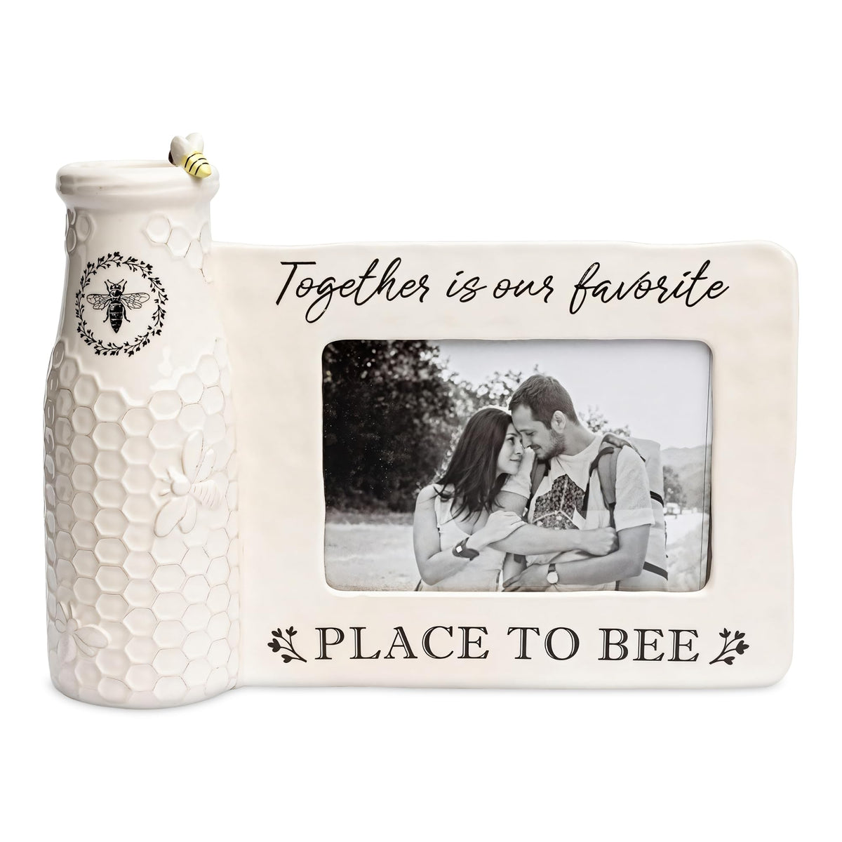 youngs Inc Ceramic Bee Vase w/Photo Frame, White, Black, 11.25" Length x 3.00" Width x 8.00" Height