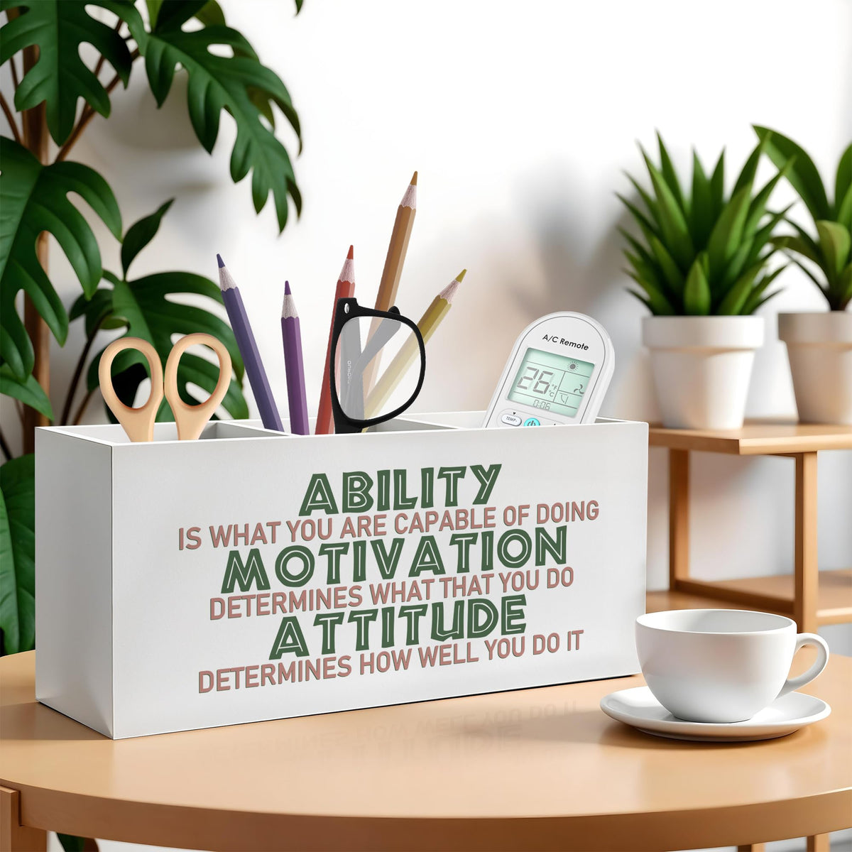 FITIE Motivational Office Pencil Pen Holder for Desk, Ability Motivation Attitude Wooden Pencil Holder Organizer for Home Office Desk Accessories, Encouragement Gifts for Women