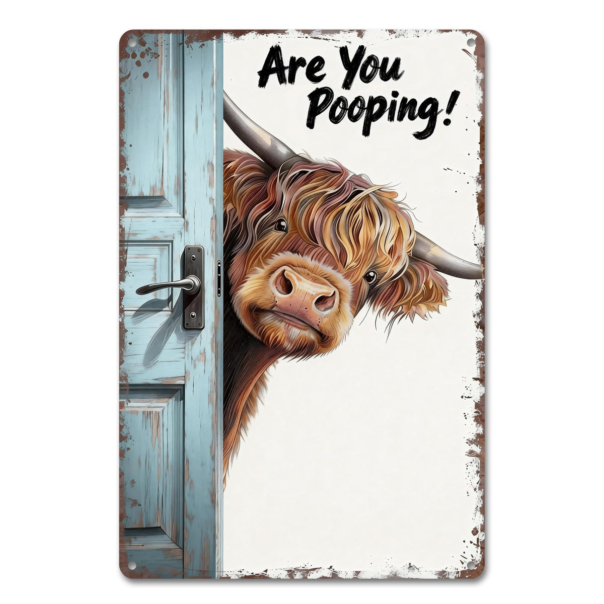 Funny Highland Cow Bathroom Sign - "Are You Pooping" Metal Tin Wall Art - Rustic Farmhouse Restroom Decor, Gag Gifts 8x12 Inch（26002）