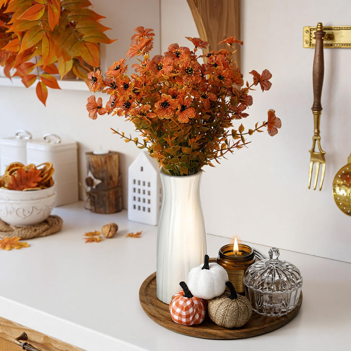 Pinkunn 10 Pcs Fall Wooden Decorative Tray Set with Round Wood Tray Scented Candles Burlap Faux Pumpkin Glass Pumpkin Sugar Bowl Artificial Fake Flowers Vase Autumn Decor Set for Thanksgiving Home