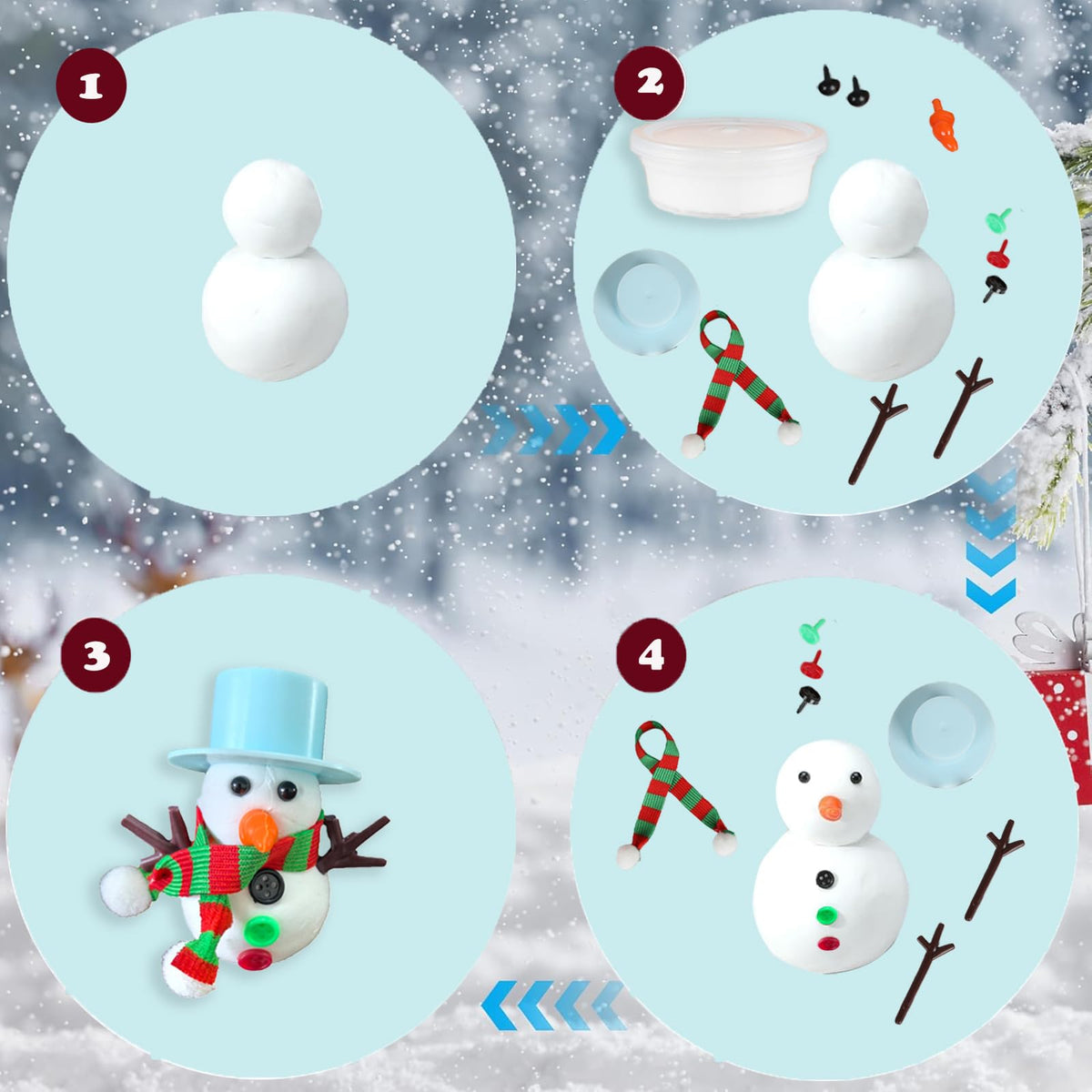 BEIGUO Christmas Crafts 4 Pack Colorful Balls with Modeling Clay Snowman DIY Kit for Kids Boys Girls Christmas Stocking Stuffers Gifts