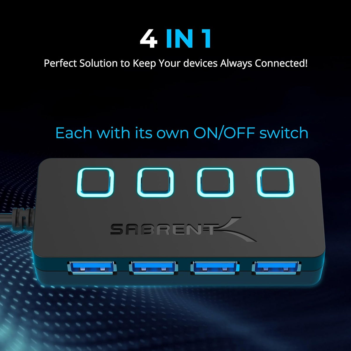 SABRENT 4 3.0 5V/2.5A (HB-UMP3) Port USB Hub with Individual LED Lit Power Switches, Includes Power Adapter