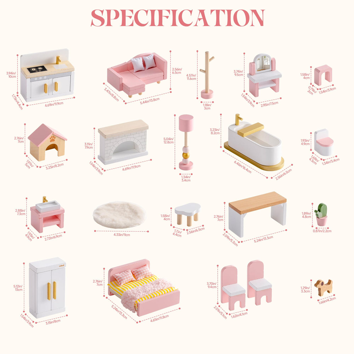 ROBUD Wooden Dollhouse Furniture Set, 28 Pcs Doll House Accessories, Miniature Furniture Including 6 Room Kits, Pretend Play Toys, Gift for Boys and Girls,3+
