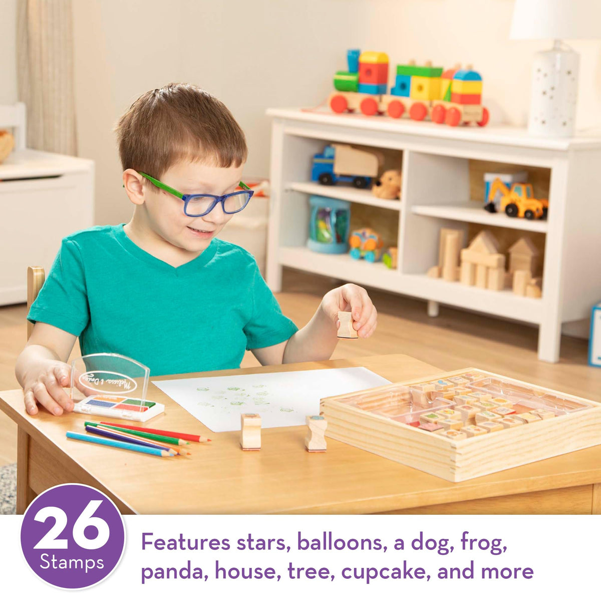 Melissa & Doug Wooden Stamp Set, Favorite Things - 26 Wooden Stamps, 4-Color Stamp Pad