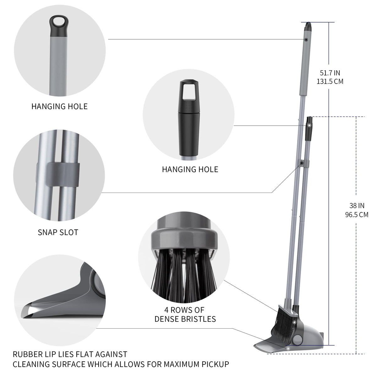 MR.SIGA Broom and Dustpan Set with Adjustable Long Handle, Upright Combo for Floor, Cleaning Lobby, Gray