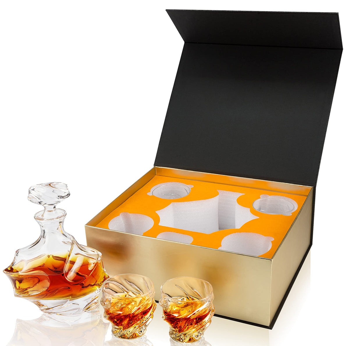KANARS Whiskey Decanter Set - 25 Oz Crystal Liquor Decanter Carafe with 4 Rock Glasses 9 Oz For Bourbon, Scotch, Vodka, Rum or Whisky - Gift for Men Dad Husband Brother Adult Groomsmen - 5 Piece