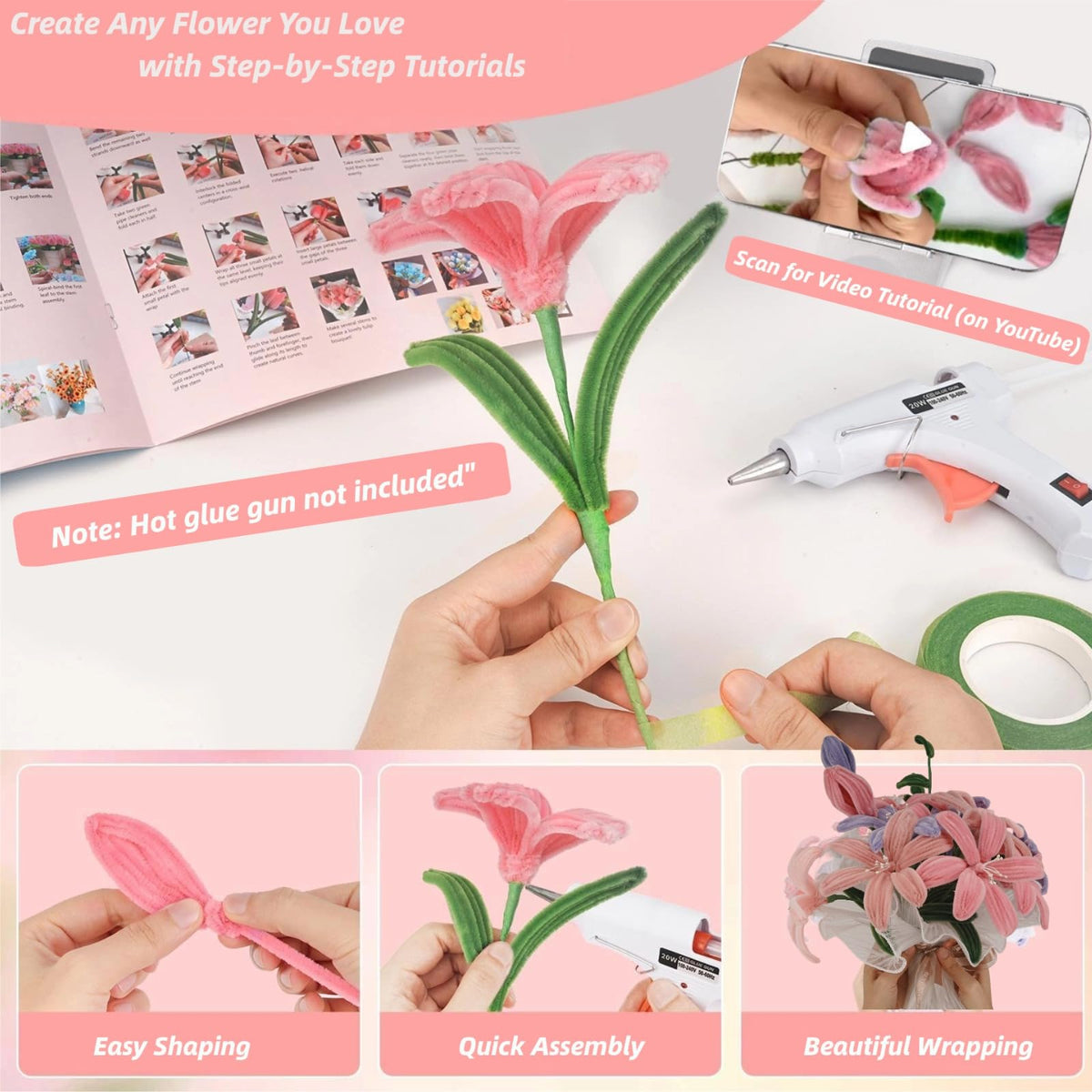 SZXYMUQI 500pcs Pipe Cleaners Craft Kit, 20 Stems DIY Carnation with Wave Gauze & Ribbon - Non Shedding Chenille Stems for Floral Arrangement - Mother's Day Bouquet Crafts for Adult Women