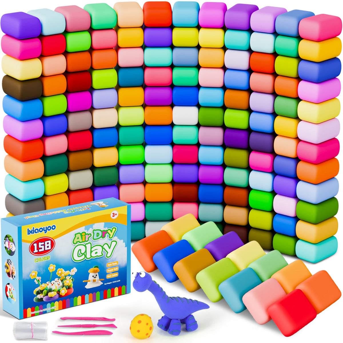Ixiaoyoo Air Dry Clay for Kids, 158 Colors Modeling Clay Kit, DIY Model Toys with Sculpting Tools, School Arts & Crafts Set, Safe & Non-Toxic, Birthday & Christmas Gifts for Boys Girls Ages 3-12