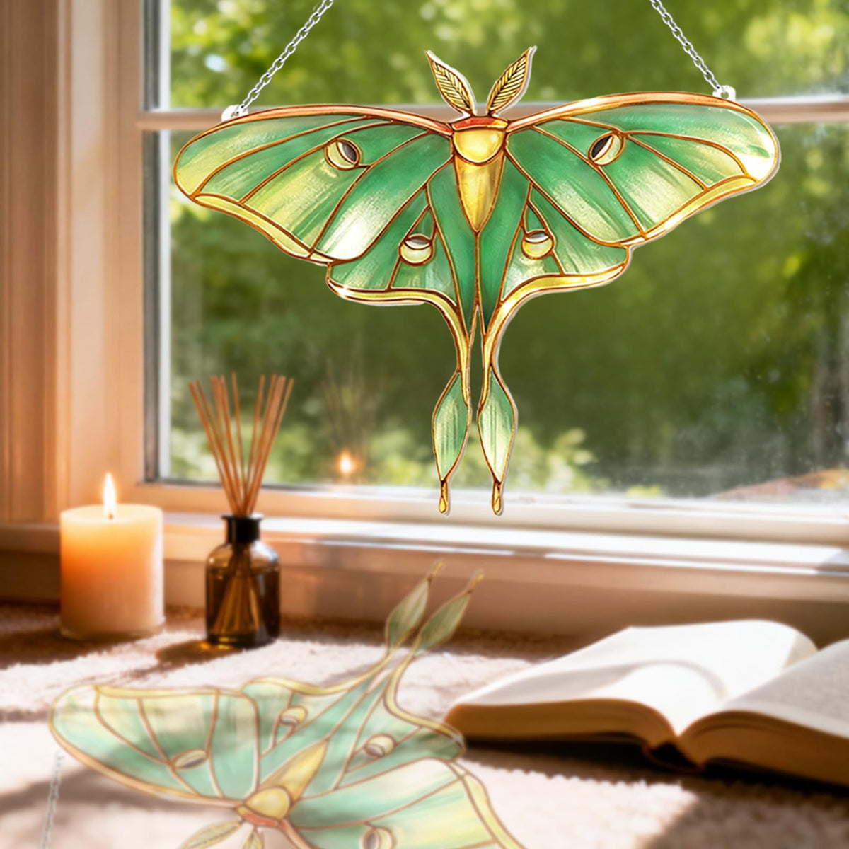 Stained Glass Window Hanging, Luna Moth Suncatcher for Window Decor, Gift for Women Mom Grandma and Art Lover, Ideal Gifts, Elegant Home Decor 5.8x7.3 Inch, Garden, Patio