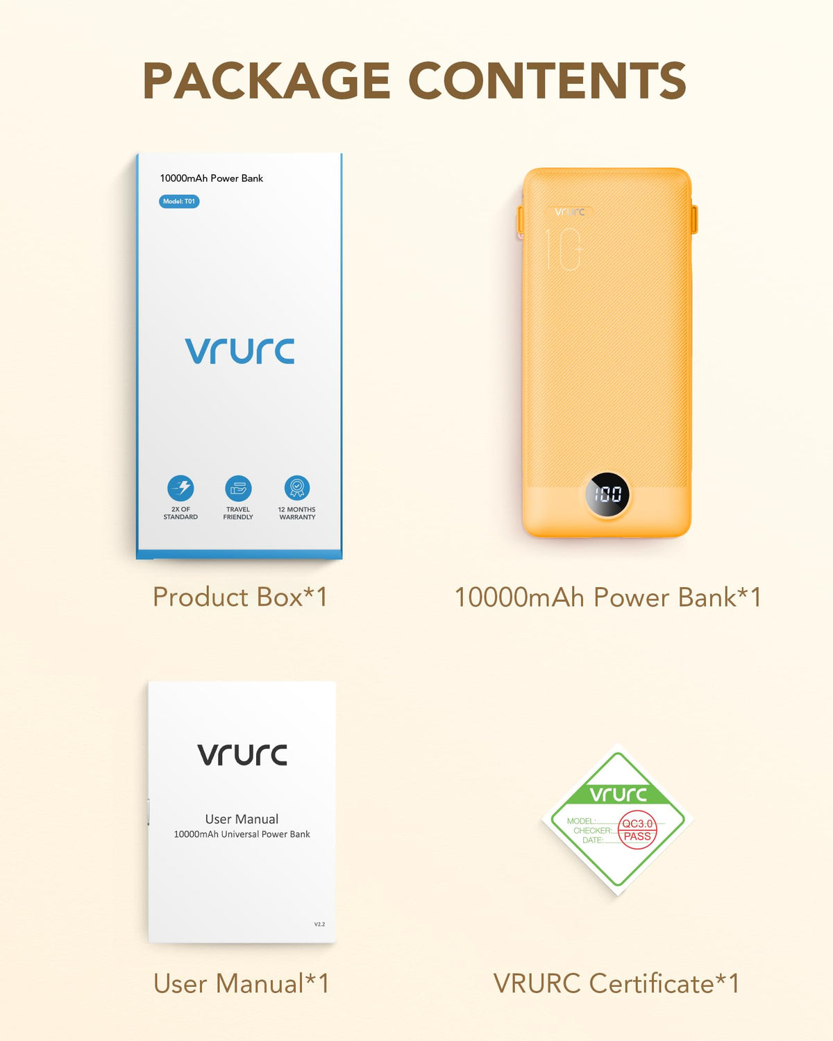 VRURC Portable Charger Built-in Cables and AC Wall Plug, USB C Power Bank 10000mAh, Travel Battery Phone Charger Compact Lightweight External Battery Pack for Smart Phones, Tablets etc-Orange