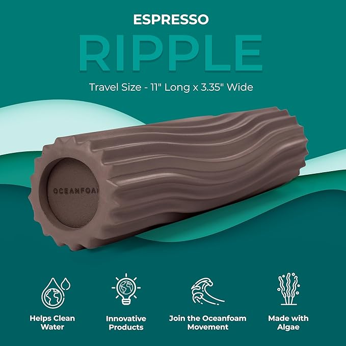 Oceanfoam Ripple Travel Foam Roller (11" x 3.35") Firm Mini Foam Roller for Physical Therapy, Deep Tissue Massage, Back Pain - High Density, Ergonomic Wave Textured - Yoga, Exercise (Espresso)