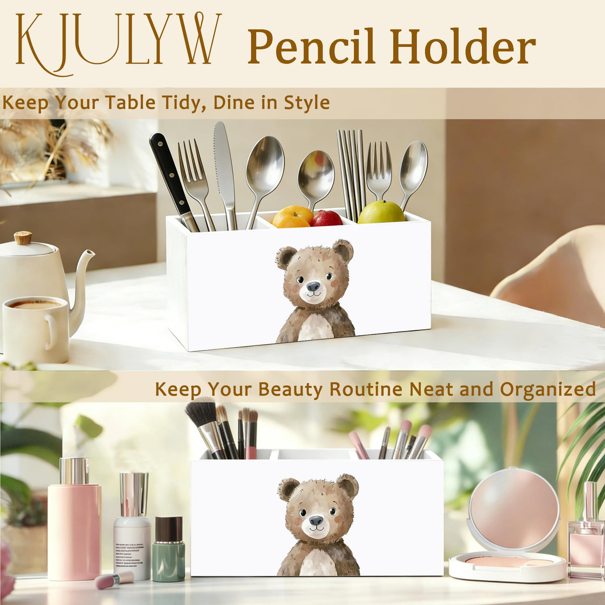KJULYW Brown Bear Pen Holder for Desk, Bear Lover Gifts, Cute Forest Animal Wooden Box Pencil Pen Holder Organizer for Kids Room Home Office Desk Accessories