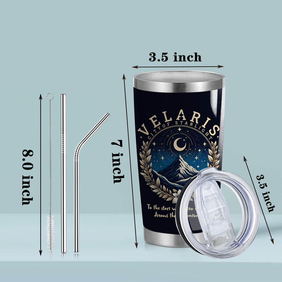 CWEGSJ Velaris City of Starlight 20oz Stainless Steel Tumbler with Lid and Straw Acotar Gift Bookish Tumbler Acotar Coffee Mug (Black-VELARIS City)