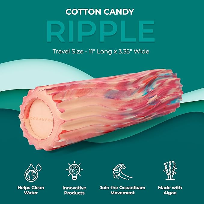 Oceanfoam Ripple Travel Foam Roller (11" x 3.35") Firm Mini Foam Roller for Physical Therapy, Deep Tissue Massage, Back Pain - High Density, Ergonomic Wave Textured - Yoga, Exercise (Cotton Candy)