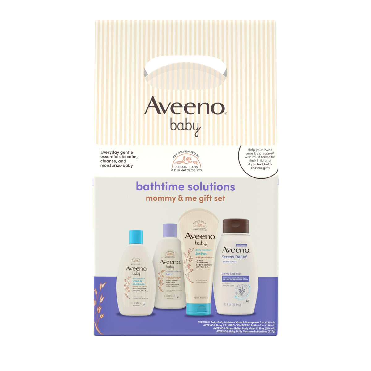 Aveeno Baby Bathtime Solutions Mommy & Me Gift Set, Baby Wash & Shampoo, Calming Bath, Daily Moisturizing Lotion and Stress Relief Body Wash for Mom, Colloidal Oat, Baby Bath Essentials, 4 items