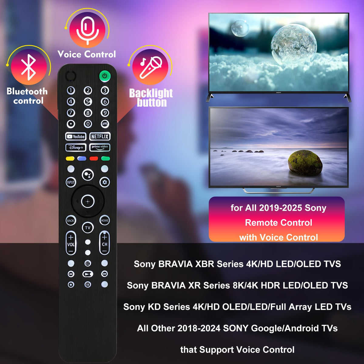 Universal Backlit Remote for Sony TV, for All 2019-2025 Sony Remote Control for Smart TV with Voice Control, Replacement Remote for Bravia XR/XBR/KD Series Google TVs, Backlight, 1 Year Full Warranty