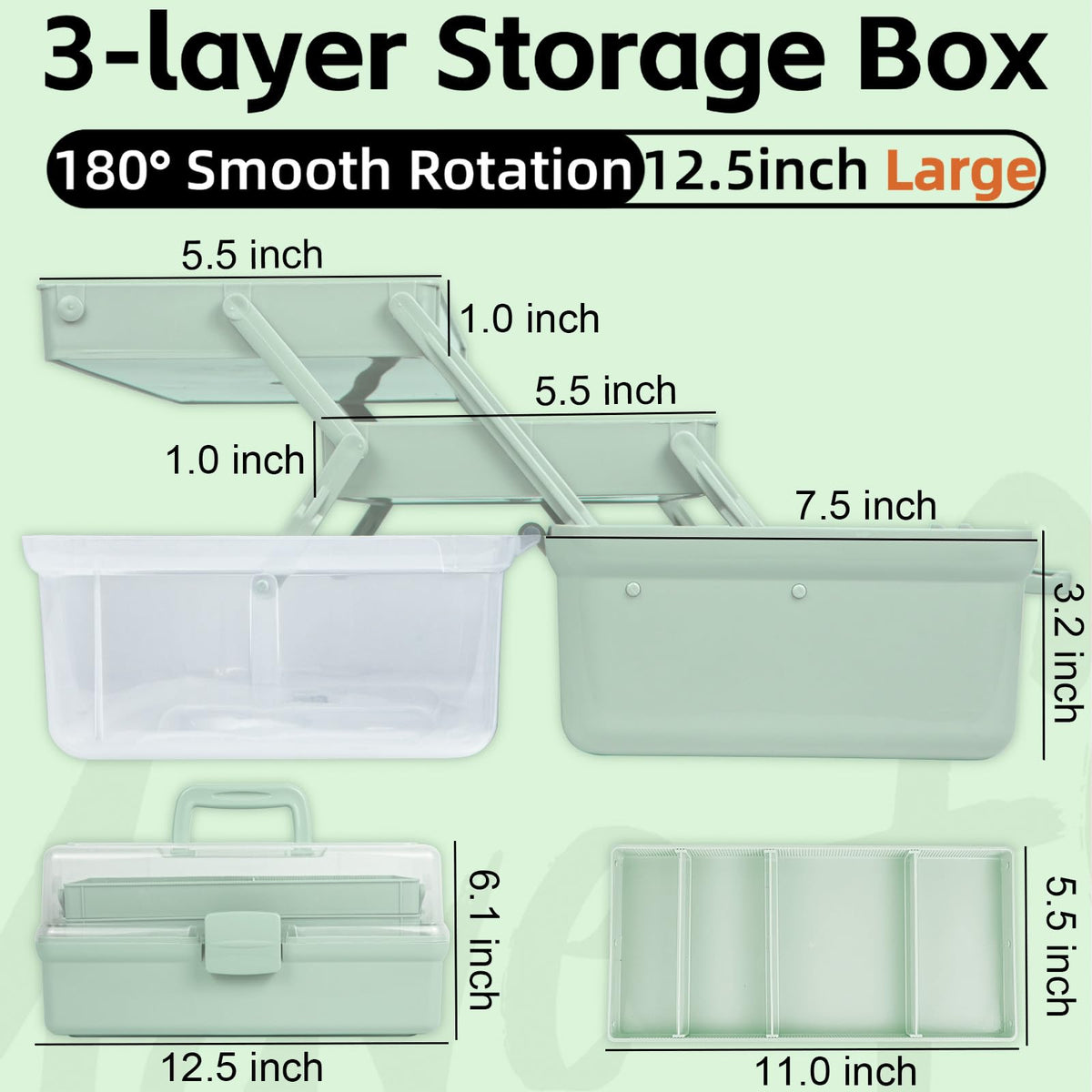 TERGOO 12.5in 3-Layer Multipurpose Craft Organizers and Storage with Adjustable Dividers, Portable Tackle Box, Folding Art & Craft Case for Medicine, Tool, Sewing Organizer (Haze Green)