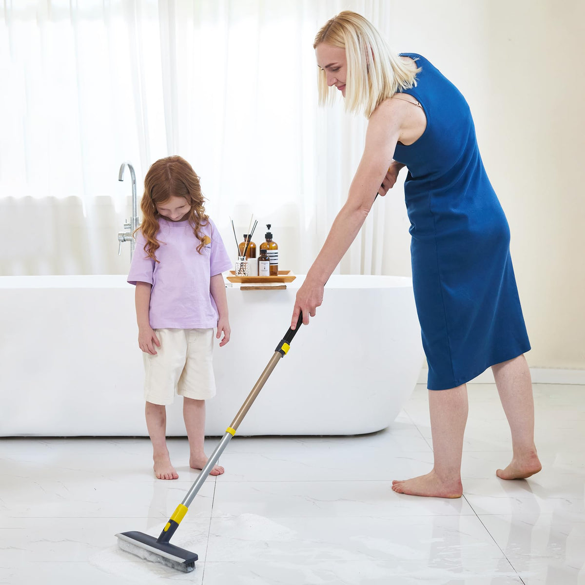 Yocada Floor Scrub Brush Telescopic Handle 2 in 1 Scrape Brush Stiff Bristle Shower Scrubber for Cleaning Patio Bathroom Garage Kitchen Wall Deck Tub Tile 55.9 inch Tall
