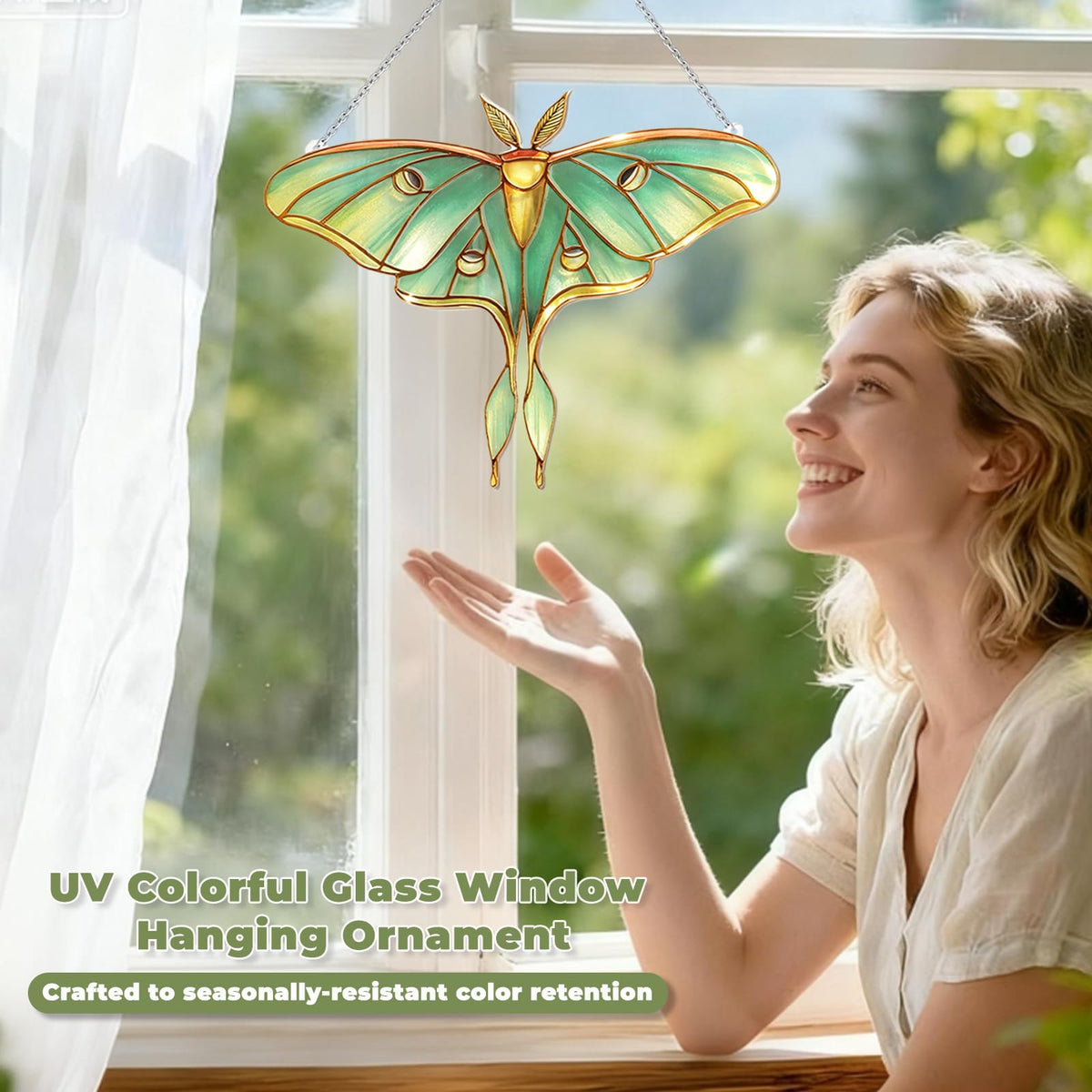 Stained Glass Window Hanging, Luna Moth Suncatcher for Window Decor, Gift for Women Mom Grandma and Art Lover, Ideal Gifts, Elegant Home Decor 5.8x7.3 Inch, Garden, Patio