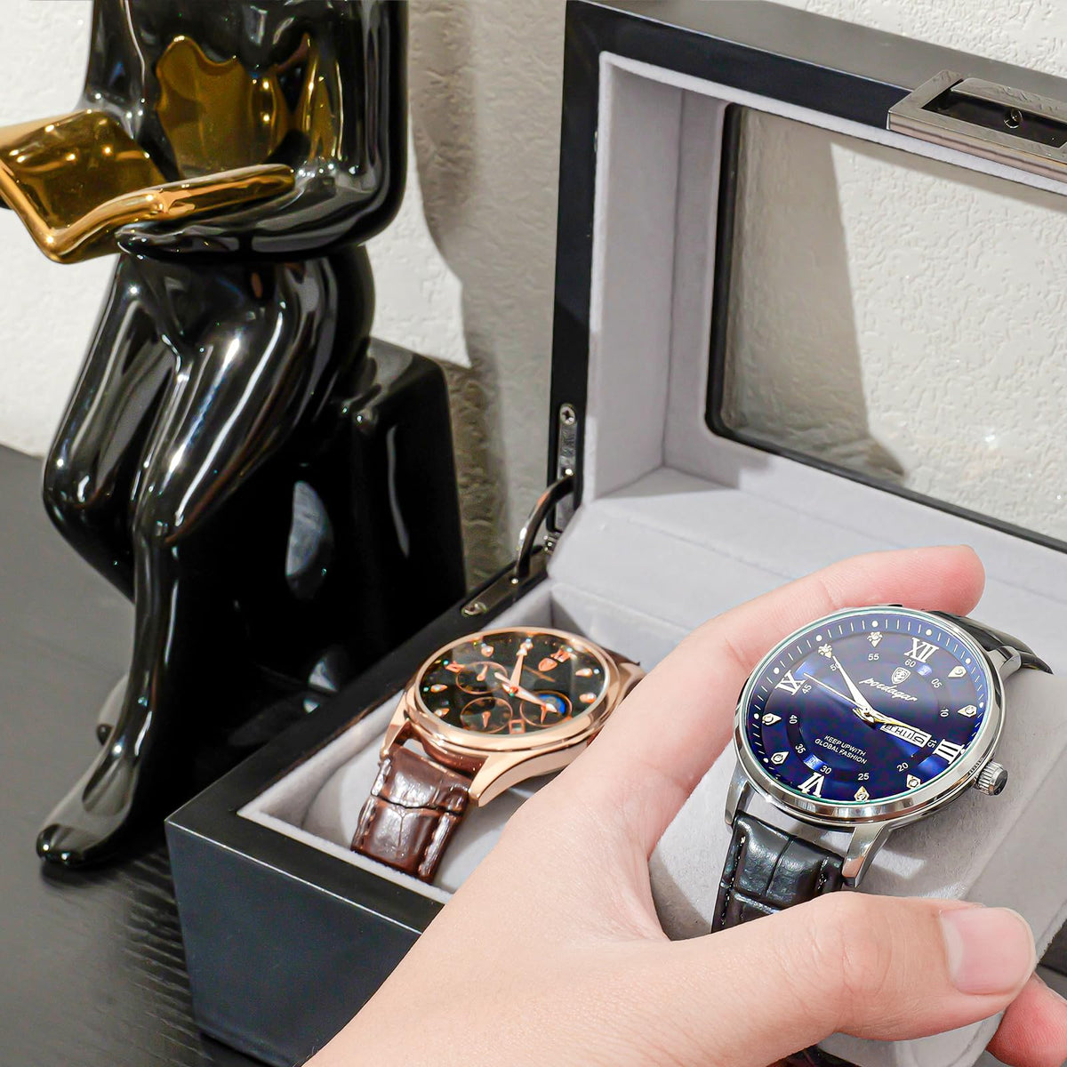 ProCase Wooden Watch Box for Men, 3 Slot Watch Display Case Mens Watch Box Organizer, Wood Watch Case for Men Watch Storage, Watch Holder Organizer with Glass Lid -3 Slot, MatteBlack