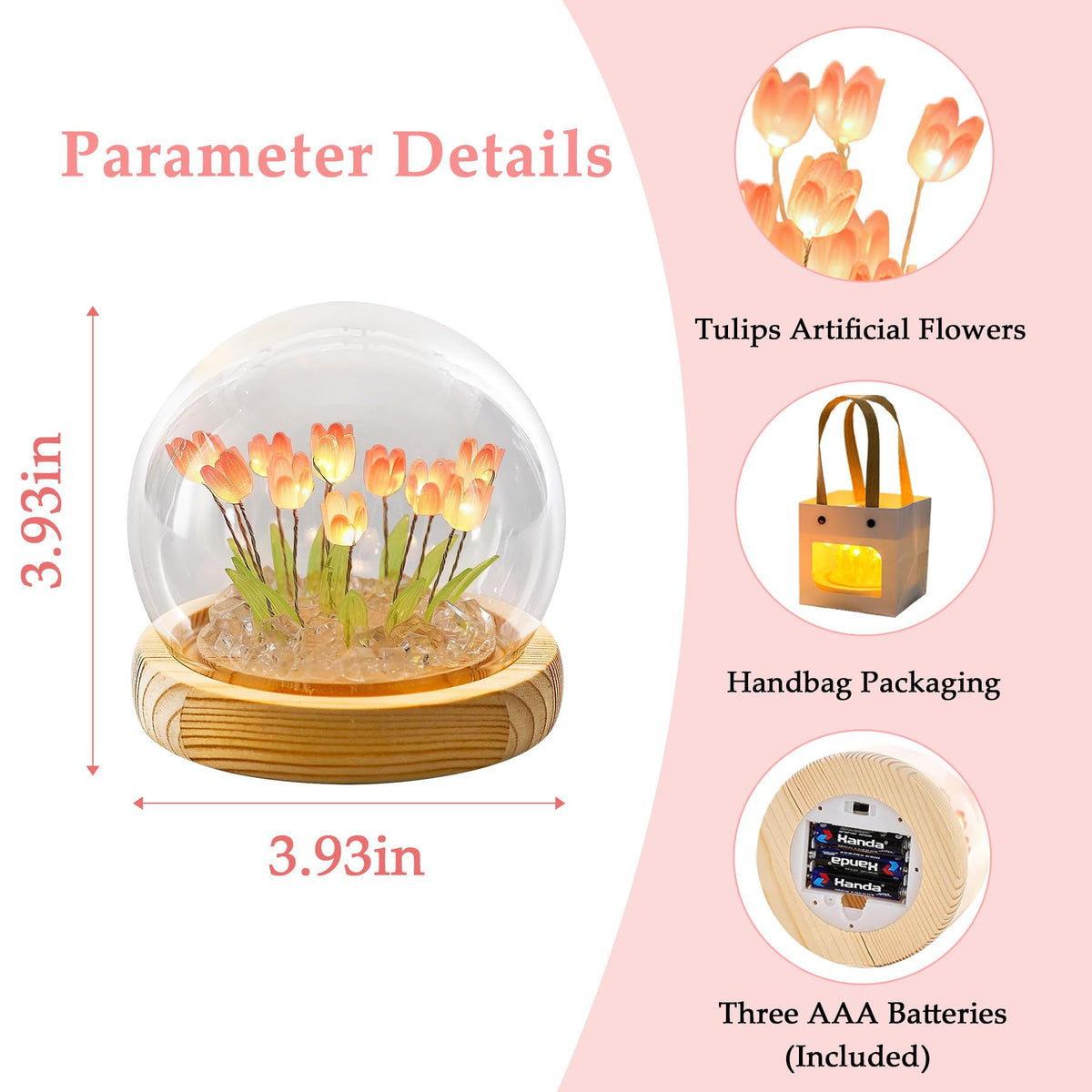Lifnatty Mothers Day Tulips Gifts for Women – Tulip Lamp with Glass Dome, Birthday Gift for Girlfriend, Wife, Mom, Battery Operated LED Flower Night Light for Bedroom, Home and Table Decor