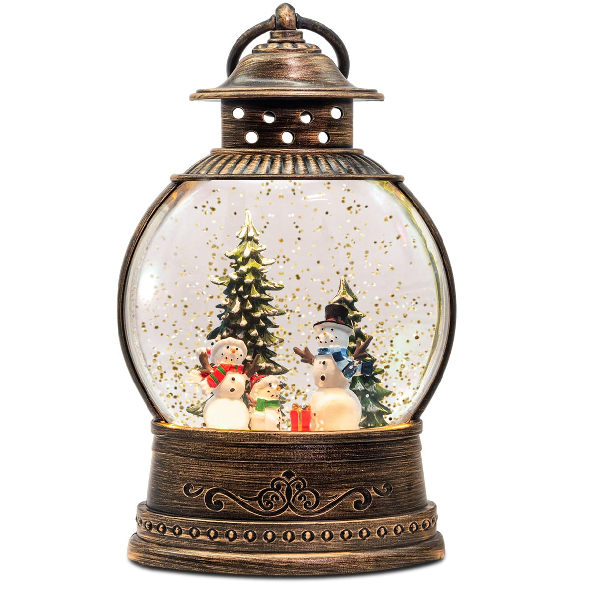 Snow Globes, Snowman Family,Glitter Water Christmas Lantern with 8 Songs, 6H Timer Battery & USB Powered Music Box,Gifts for Men and Kids, Indoor Christmas Decorations