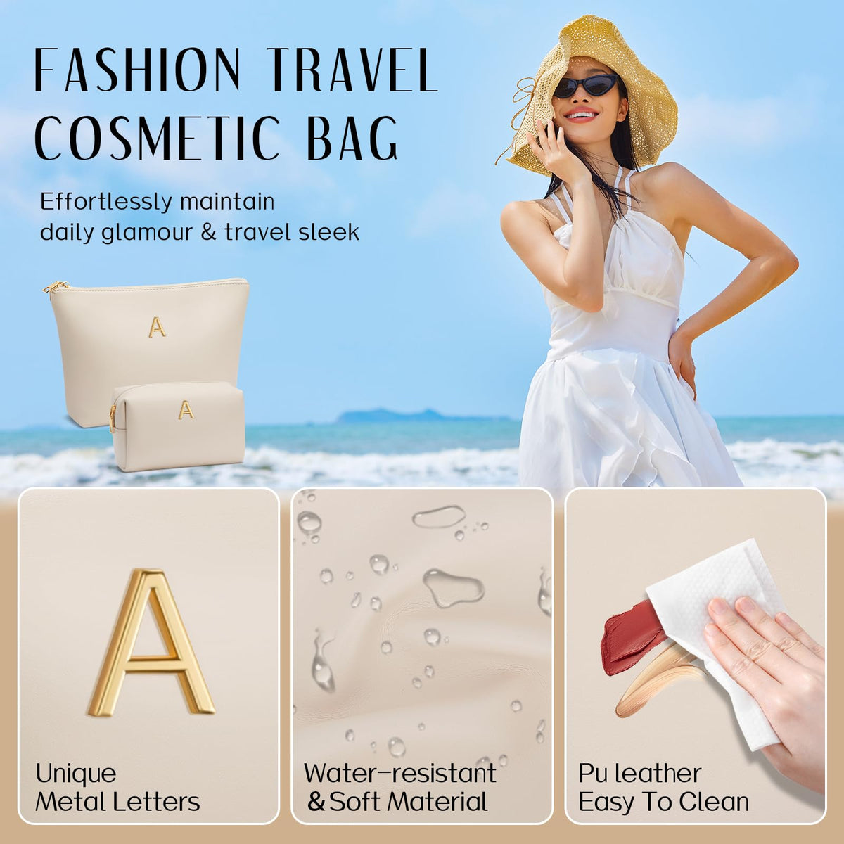 CLOUDWINGS Graduation Gifts | Initial Makeup Bag for Women Personalized Gifts for Bridesmaid Teachers Friend Female College Cosmetic Travel Toiletry Bag(Beige,A)